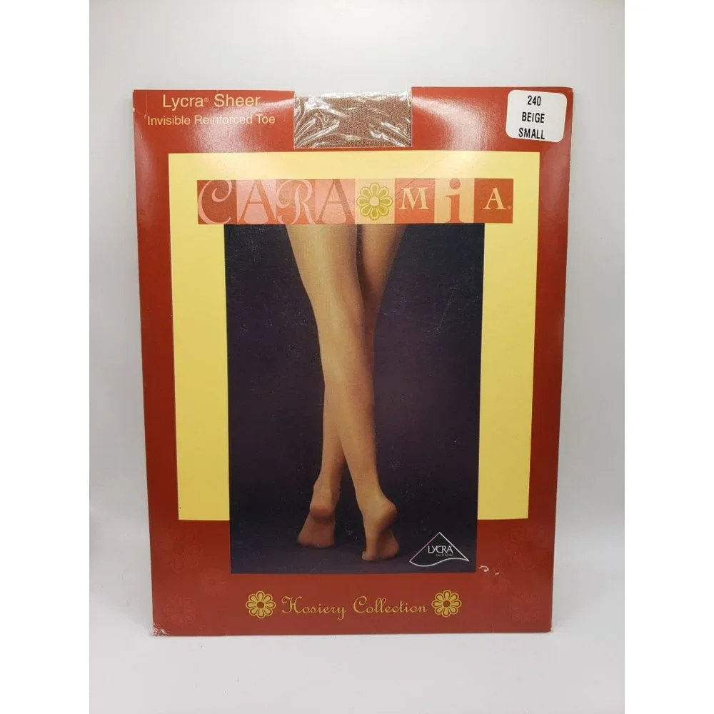Cara Mia Hosiery Collection Lycra Sheer Reinforced Toe Beige Small Pantyhose Vtg